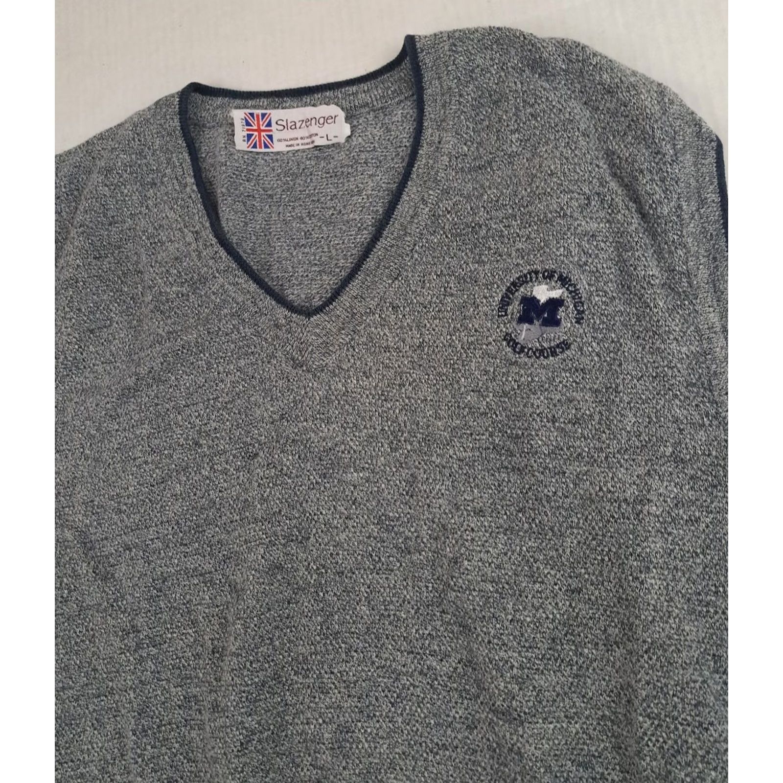 Vintage VINTAGE Slazenger University Vest Embroidered Golf - Large Unisex Adults, Grey-Blue Trim, V-Neck, Sleeveless, Cotton Knit, Collarless, Regular Fit Size US L / EU 52-54 / 3 - 3 Thumbnail