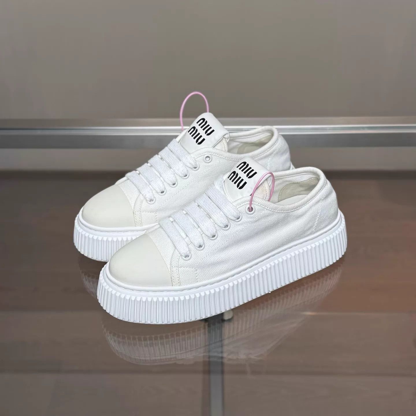 Miu Miu MIU MIU White Canvas Platform Biscuit Shoes Size 38 Size US 7.5 / IT 37.5 - 1 Thumbnail