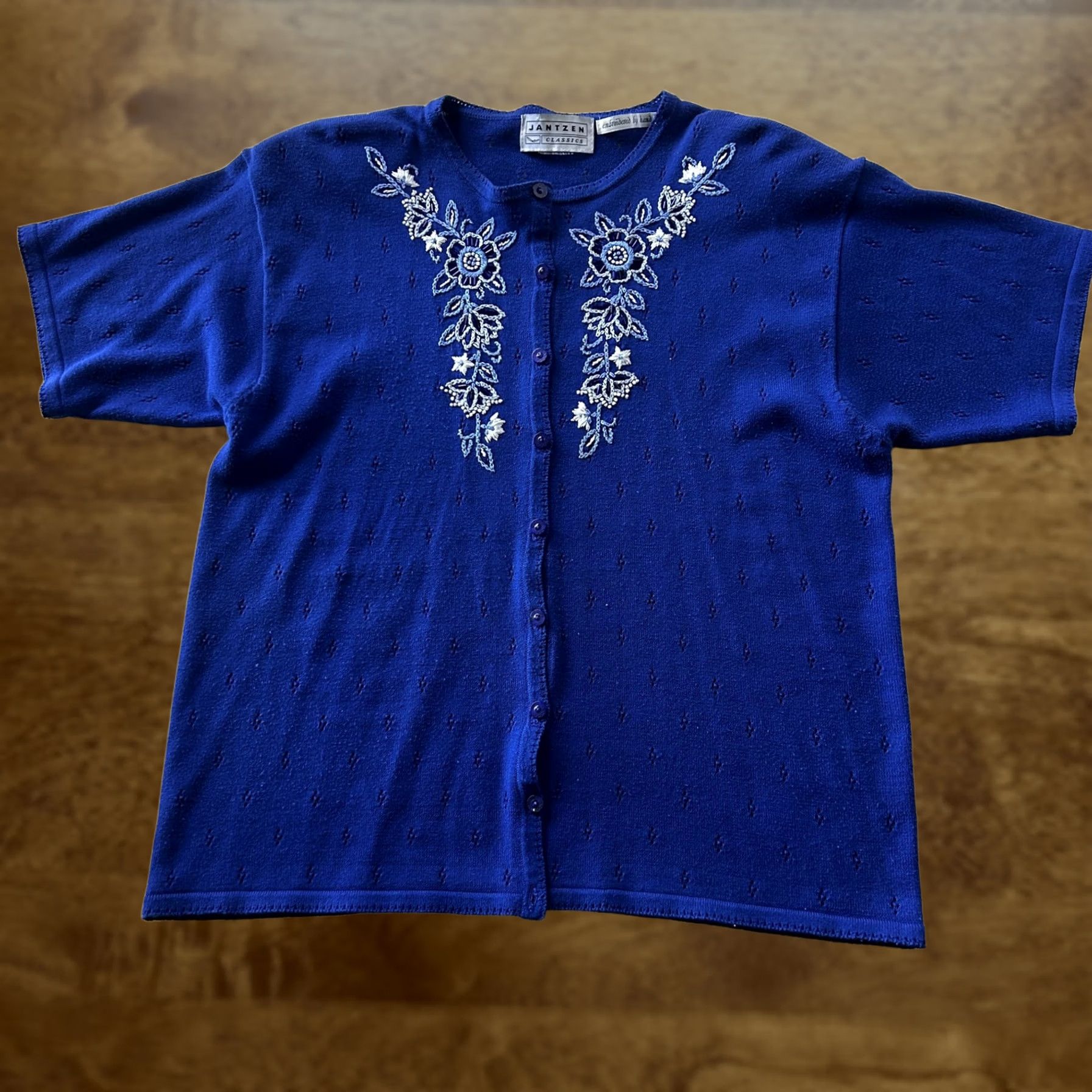 Jantzen Jantzen Cardigan Womens Large Blue Short Sleeve Floral Embroidered Knit Sweater Size L / US 10 / IT 46 - 1 Thumbnail