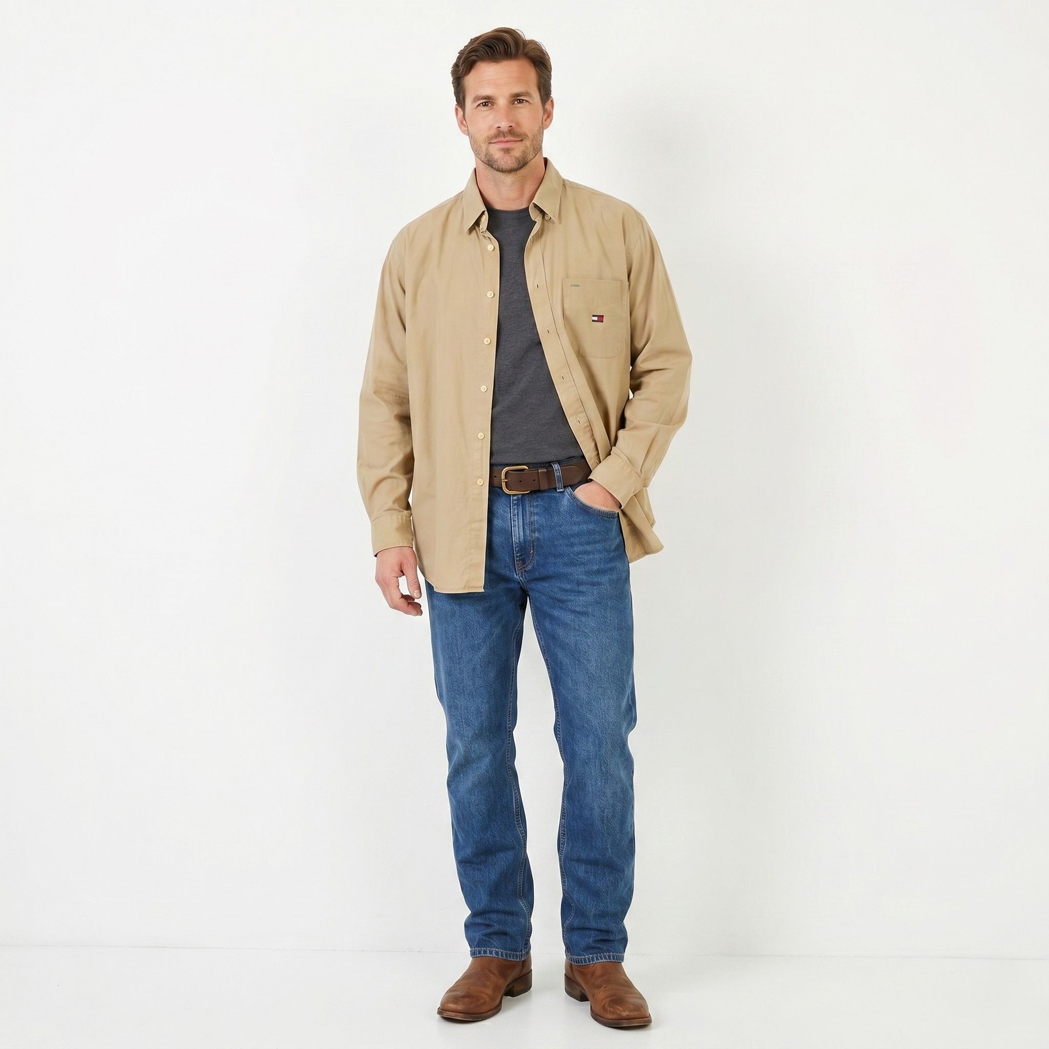 Tommy Hilfiger Tommy Hilfiger Men L Casual Shirt Beige Cotton 9518 Size US L / EU 52-54 / 3 - 1 Thumbnail