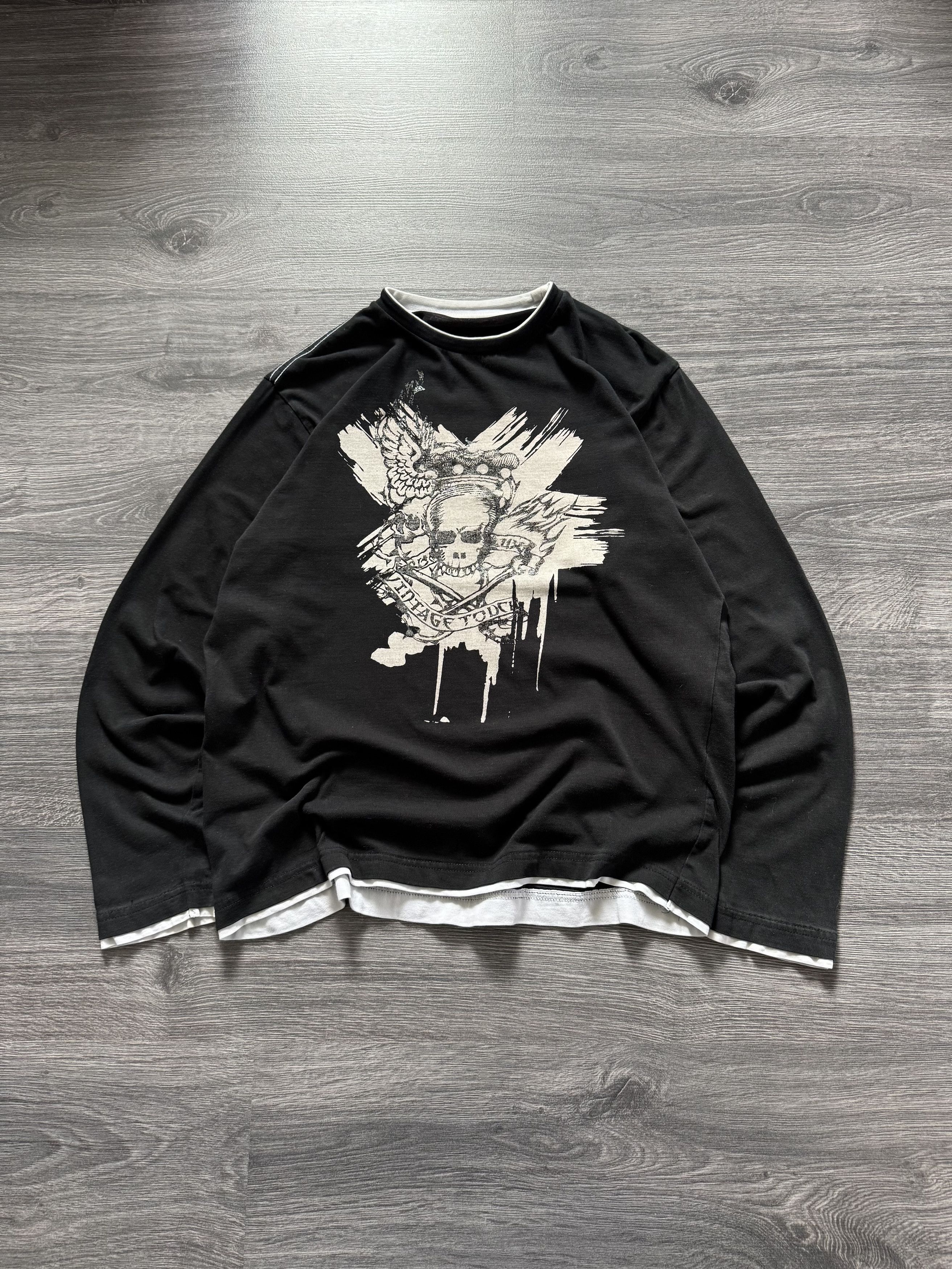 Japanese Brand Black Skeleton Print Long Sleeve Shirt, Graphic Tee 