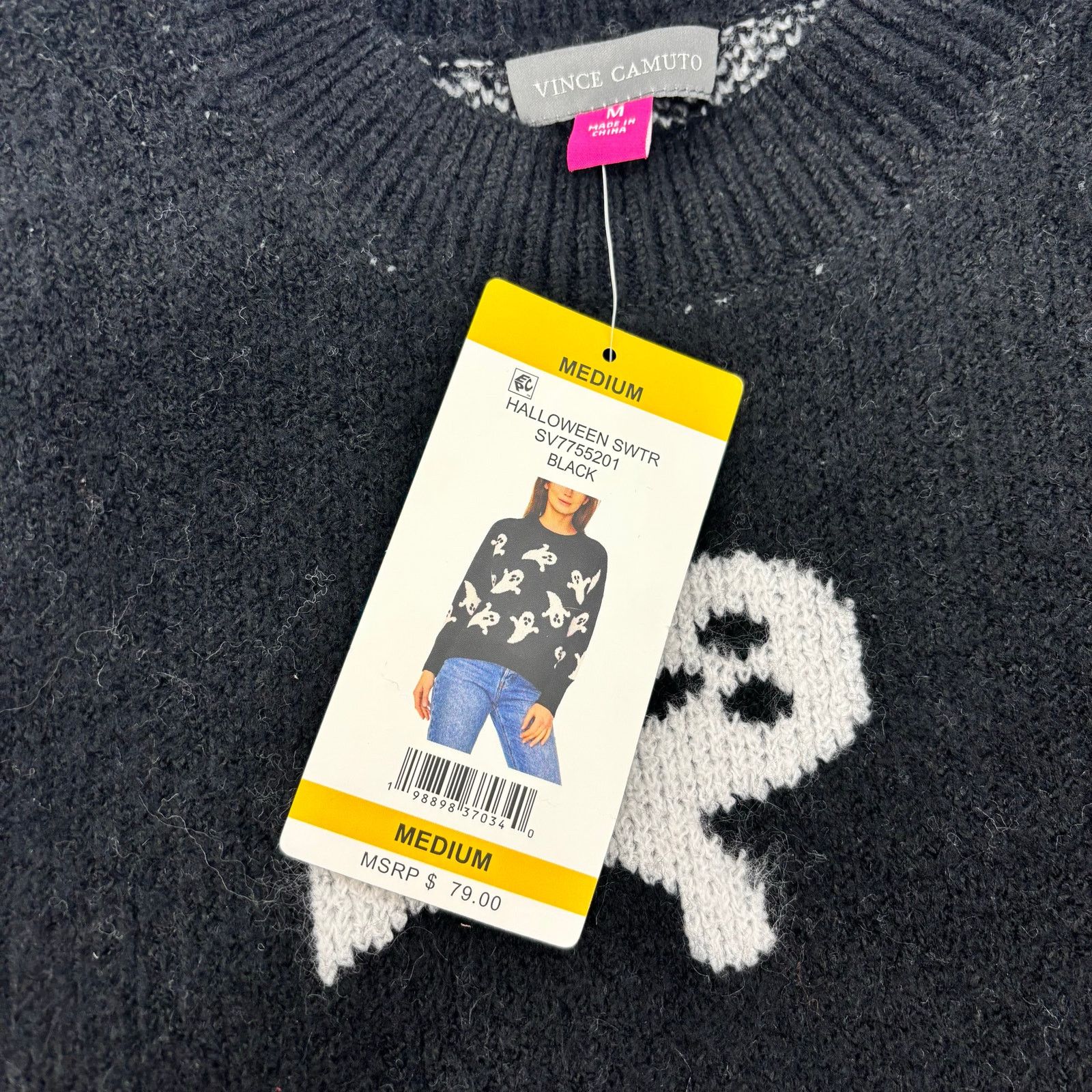 Vince Camuto Vince Camuto Womens Med Black White Ghost Halloween Sweater Size M / US 6-8 / IT 42-44 - 6 Thumbnail
