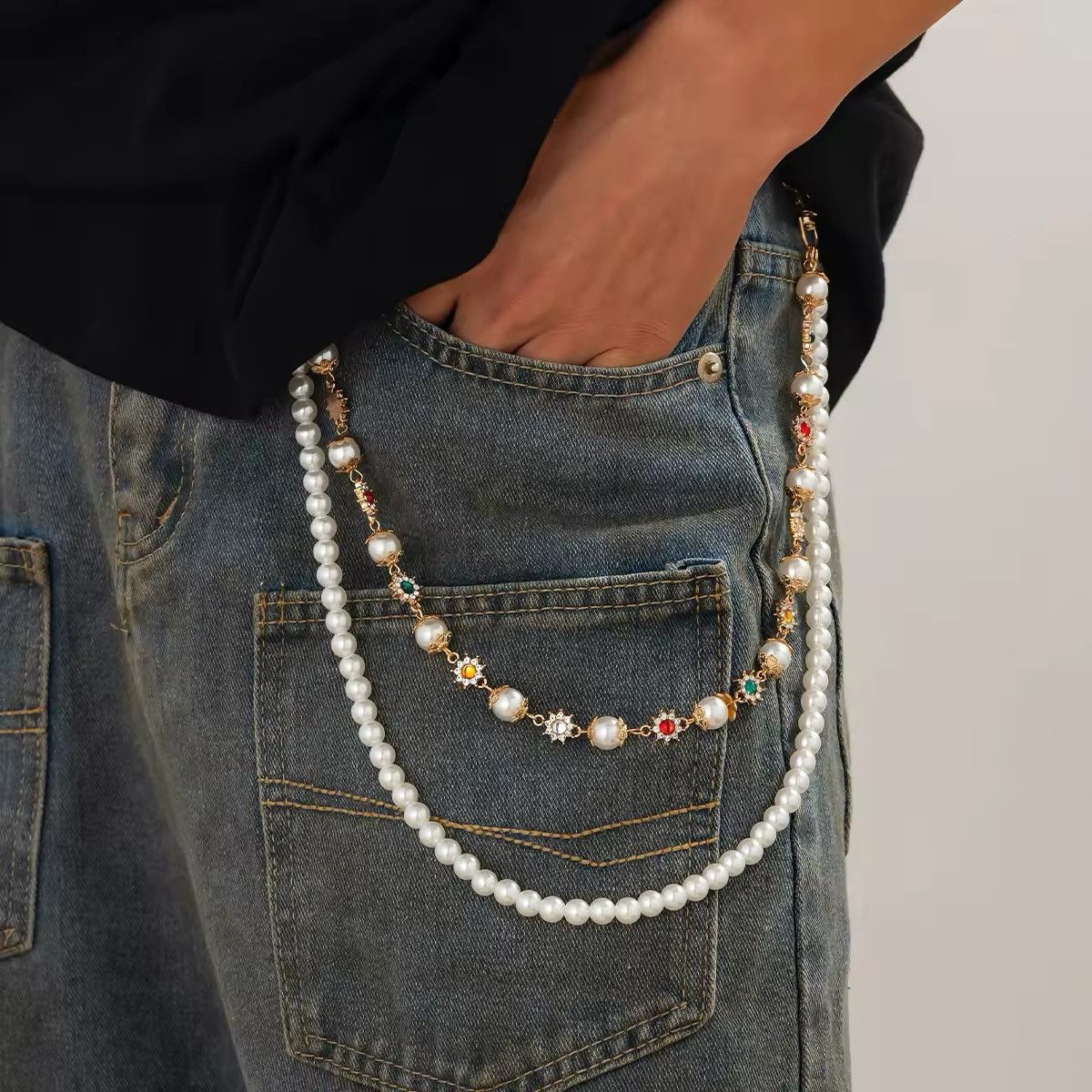 Jewelry Salircon Exquisite Luxury Imitation Pearl Wallet Chain, Men's