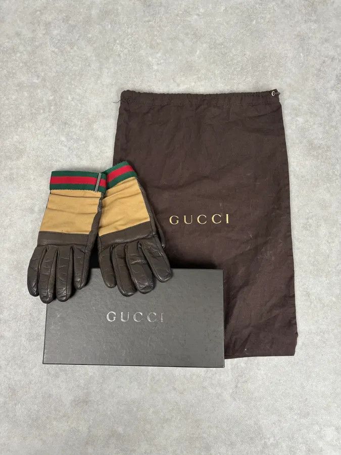 Gucci AW2001 Gucci Beige Canvas & Brown Leather Gloves by Tom Ford Size ONE SIZE - 1 Thumbnail