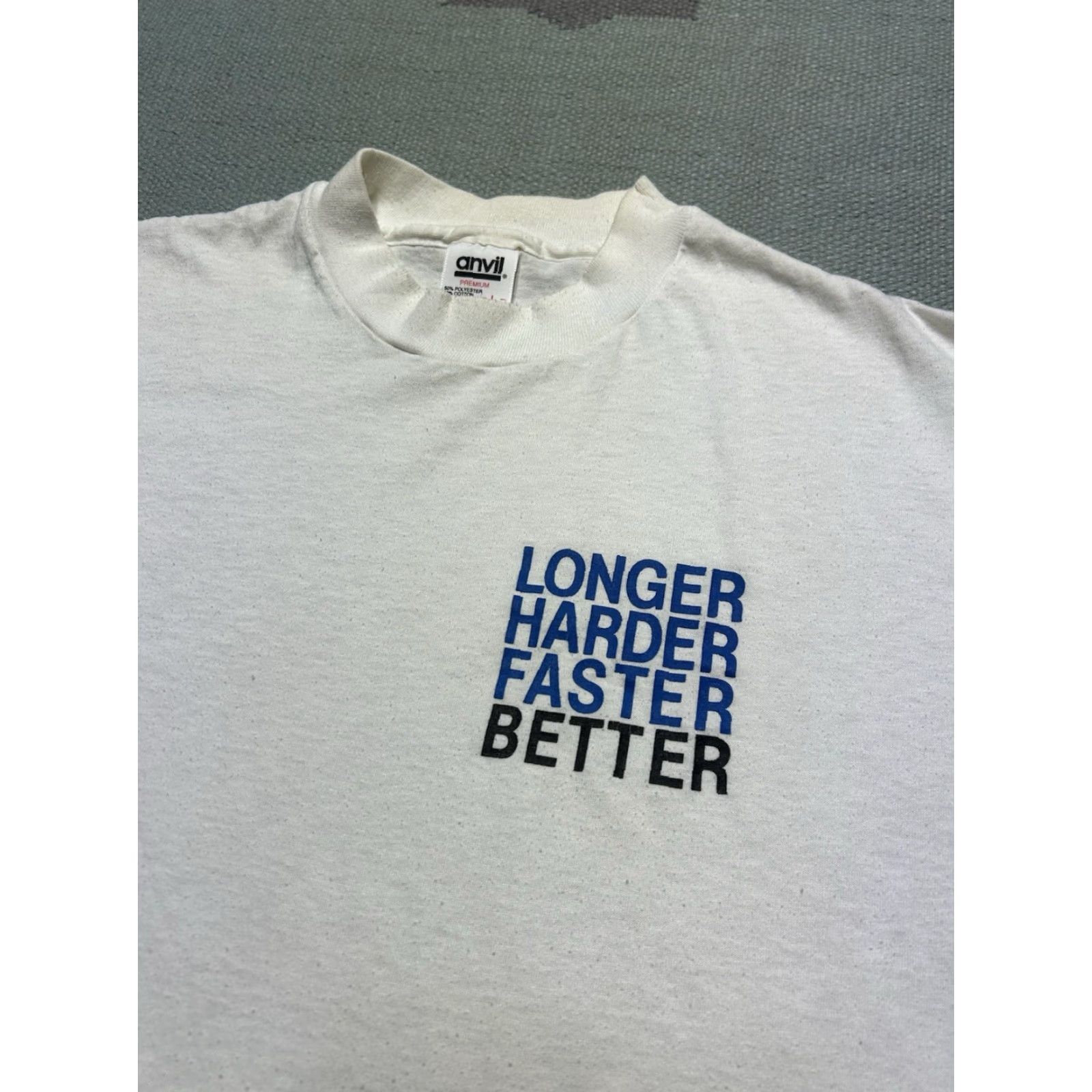 Vintage VINTAGE 90s graphic t shirt longer harder faster better soft single stitch Large Mens T-Shirt White 90s Size US L / EU 52-54 / 3 - 3 Thumbnail