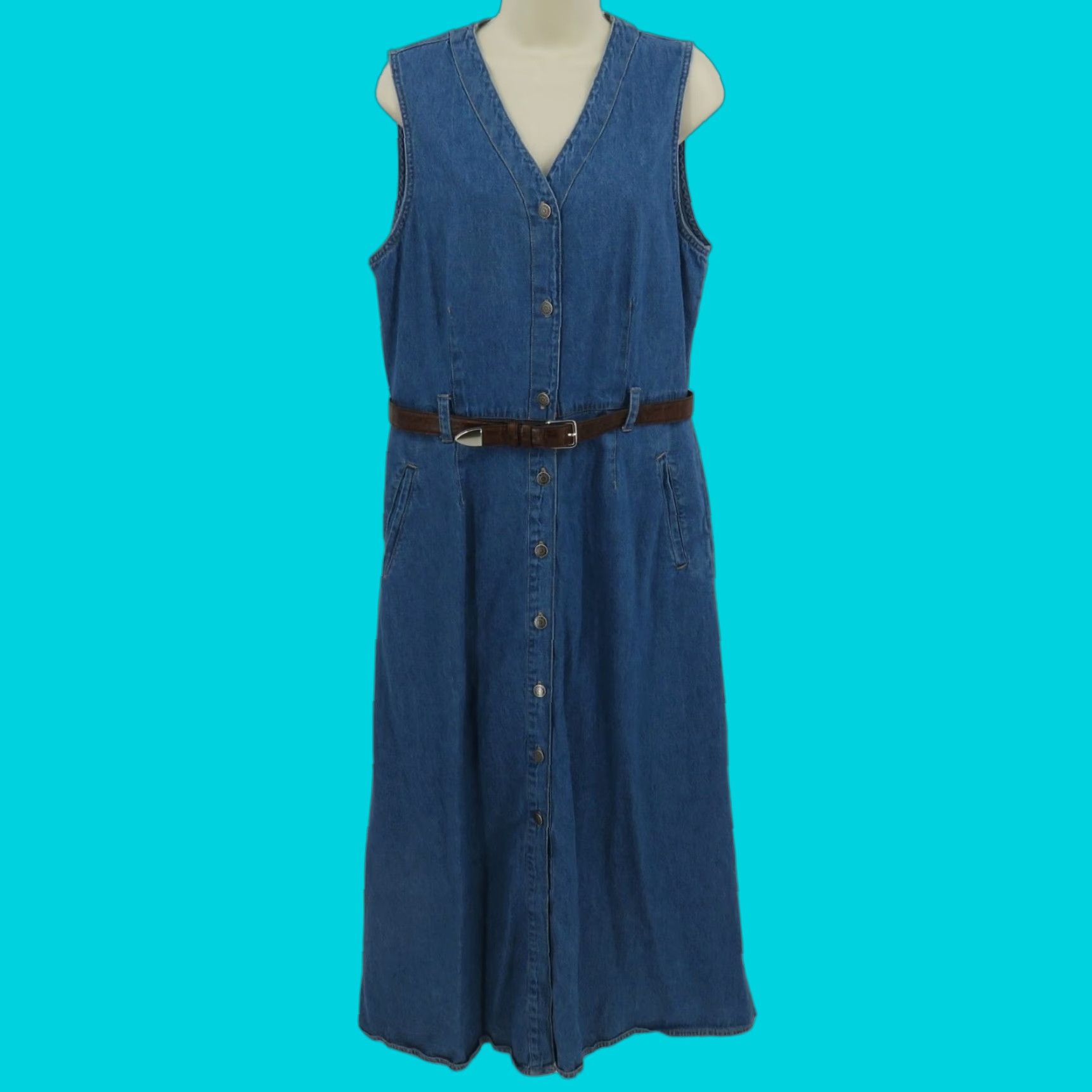Gloria Vanderbilt VINTAGE Gloria Vanderbilt Women Medium Cotton Blue Denim Jean V Neck Button Dress Belted Dress Size 32" / US 10 / IT 46 - 1 Thumbnail