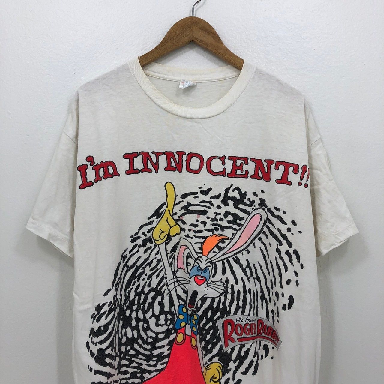 image of Vintage 1987's Roger Rabbit Shirt I'm Innocent Bn in White, Men's (Size 2XL)