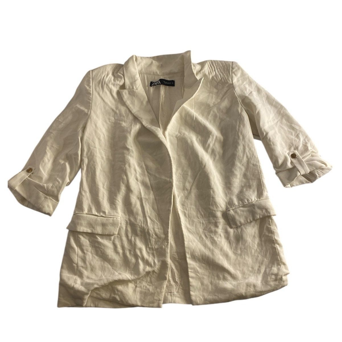 Zara Minimalist Cream Linen Blend Open Front Blazer Zara Basic L Size L / US 10 / IT 46 - 2 Thumbnail