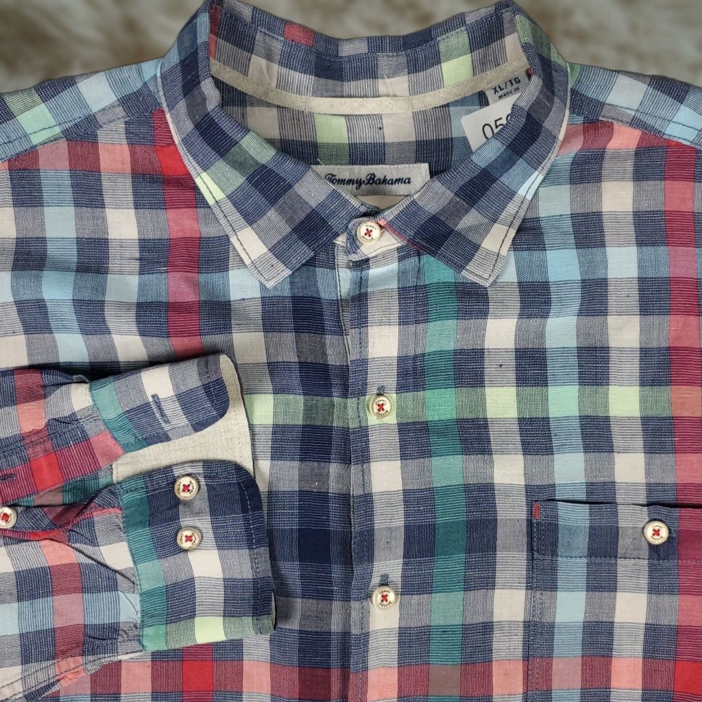Tommy Bahama Tommy Bahama Shirt Mens XL Blue Plaid Linen Blend Button-Up Long Sleeve - Shirt - Adult XL - Blue - Tommy Bahama Size US XL / EU 56 / 4 - 1 Thumbnail