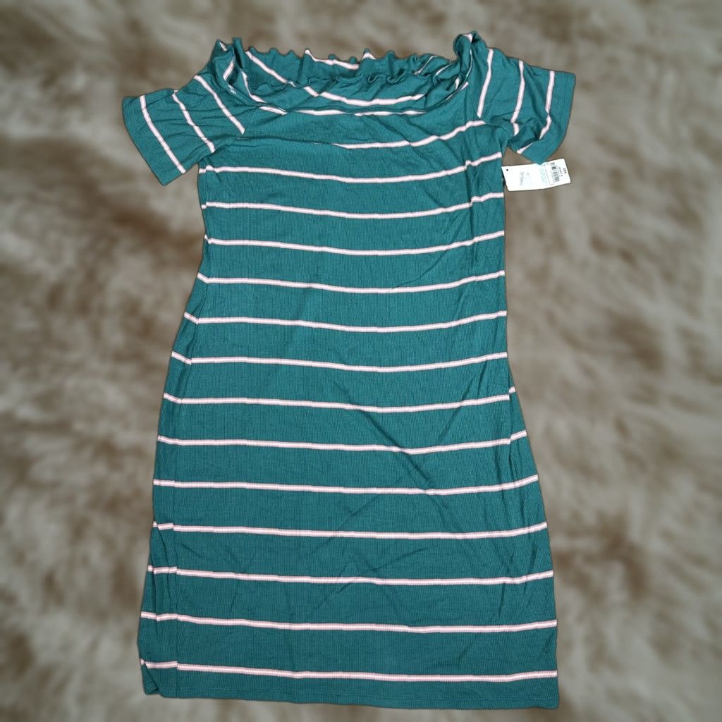 Decree Decree Women's Knit Dress Stripe Boat Neck Ruffle Casual XL Green Pink NWT Size XL / US 12-14 / IT 48-50 - 1 Thumbnail