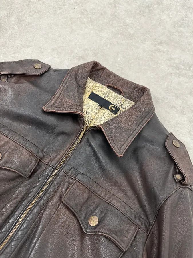 Roberto Cavalli 2000s Cavalli Brown Eroded Leather Buckle Jacket Size US M / EU 48-50 / 2 - 5 Thumbnail