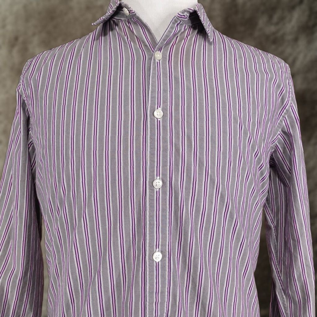 Liz Claiborne Claiborne Shirt Large Gray Purple Stripe Long Sleeve Button Up Slim Fit 80s 2ply Size US L / EU 52-54 / 3 - 1 Thumbnail