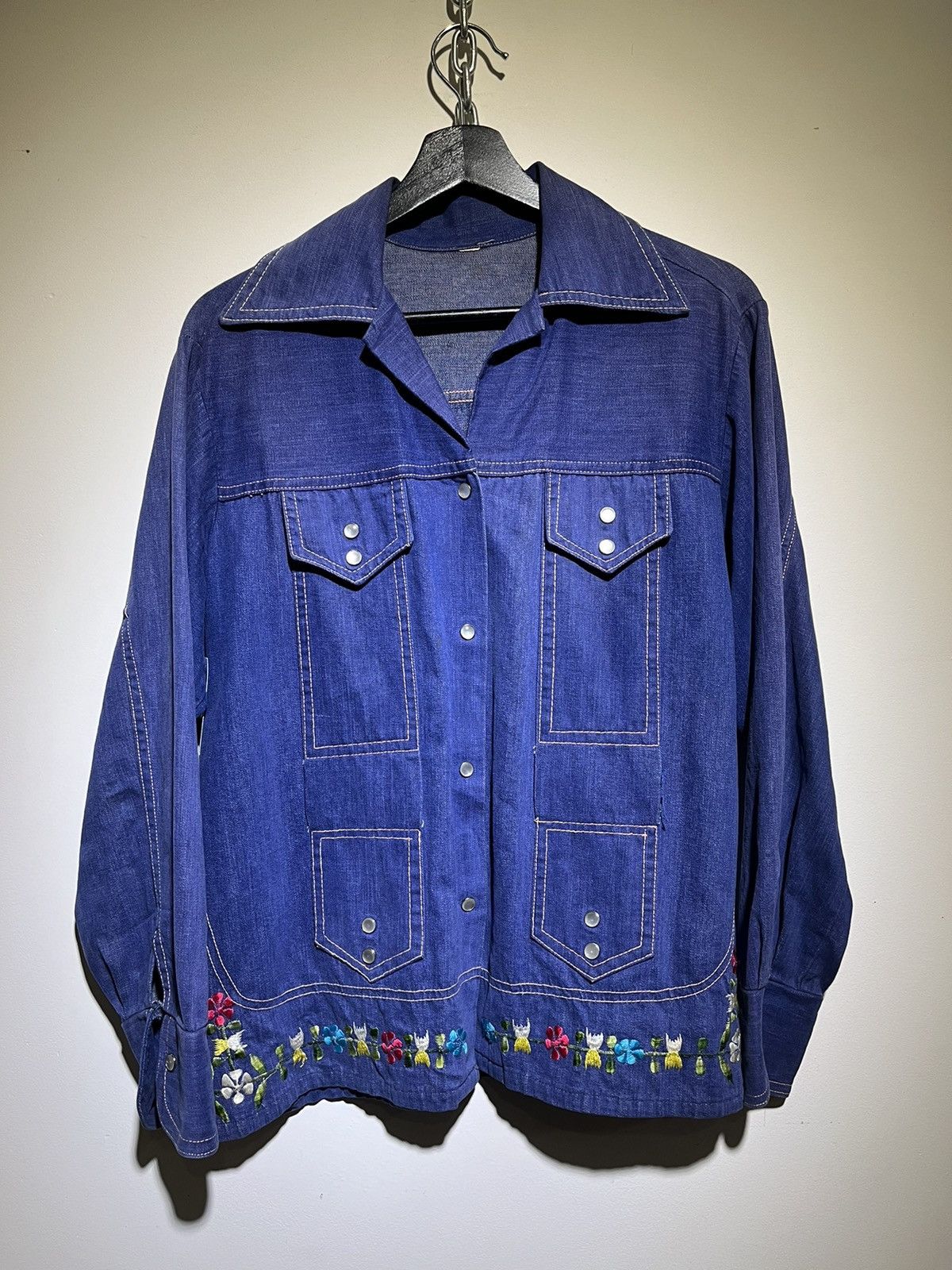 image of Denim Jacket x Vintage Peace Dove Embroidered Blouse in Blue, Women's (Size Medium)
