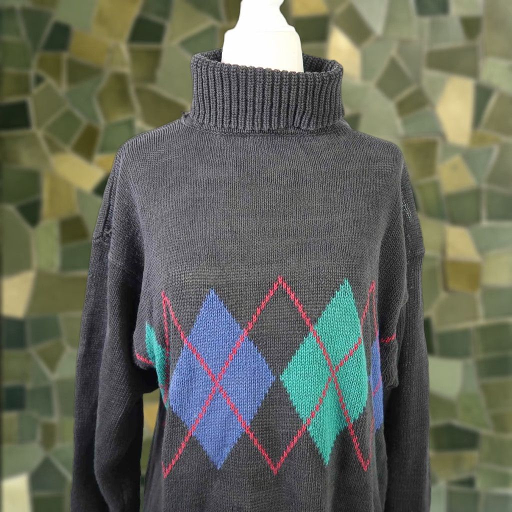 Cherokee VINTAGE Cherokee Black Argyle Knit Turtleneck Sweater L Women Size L / US 10 / IT 46 - 1 Thumbnail