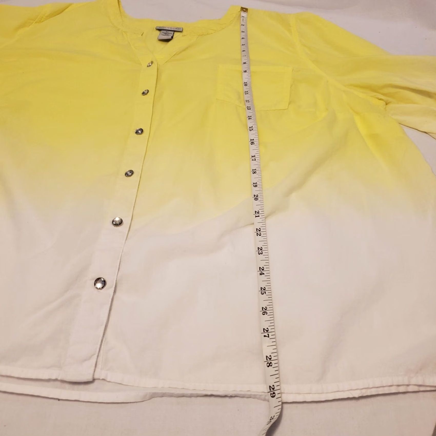 Vintage Catherine's Plus Sz 3X Yellow Ombre Button Down Blouse Rhinestones Roll Tab Sleeve Women Size XXL / US 16-18 / IT 52-54 - 7 Thumbnail