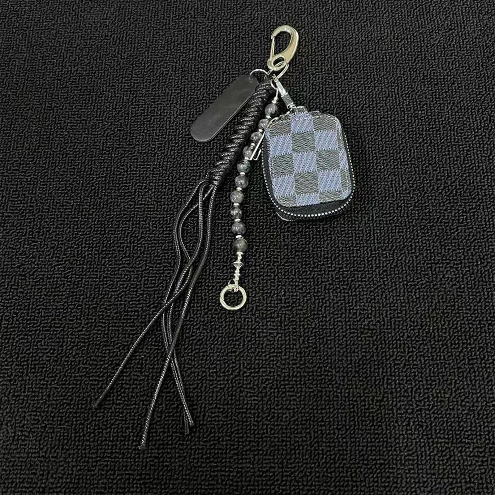 Jewelry Black Checkered Keychain with Tassel and Beads Size ONE SIZE - 6 Thumbnail