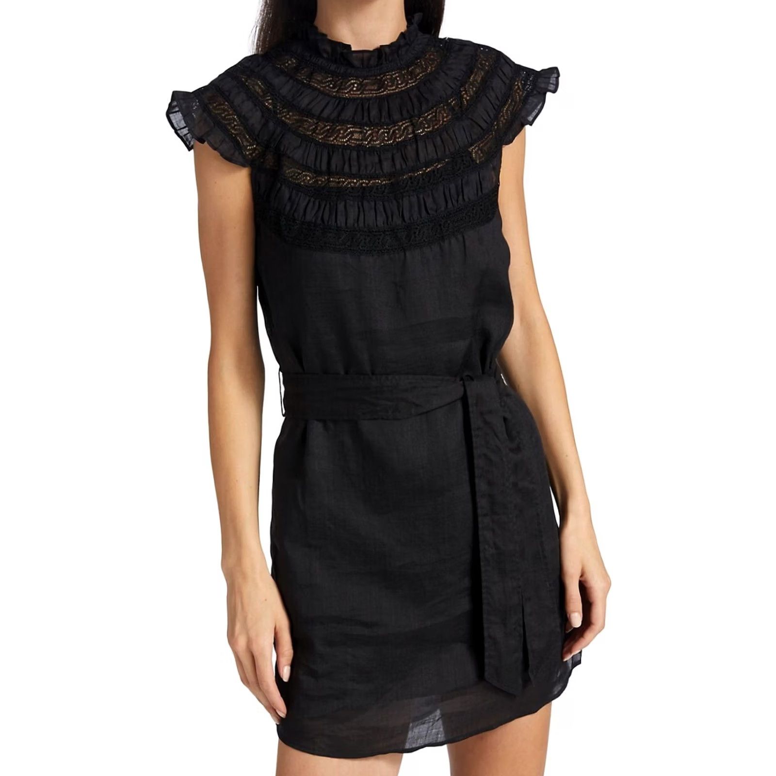 Frame FRAME Black Lace Inset High Mock Neck Ruffe Cap Sleeve 100% Ramie Mini Dress Womens M New with Tags NWT Size M / US 6-8 / IT 42-44 - 2 Thumbnail