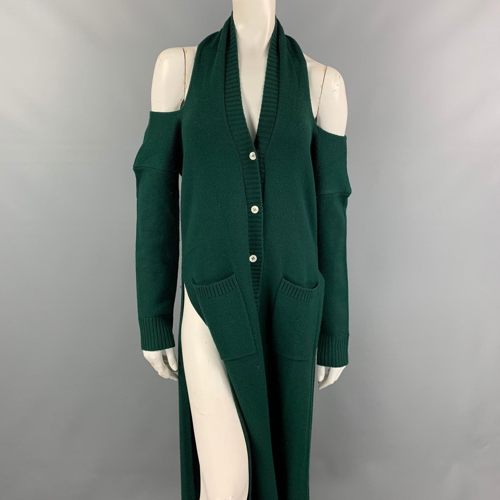 MONSE Green Knitted Merino Wool Open-Back Halterneck Long Cardigan Size XS / US 0-2 / IT 36-38 - 3 Thumbnail