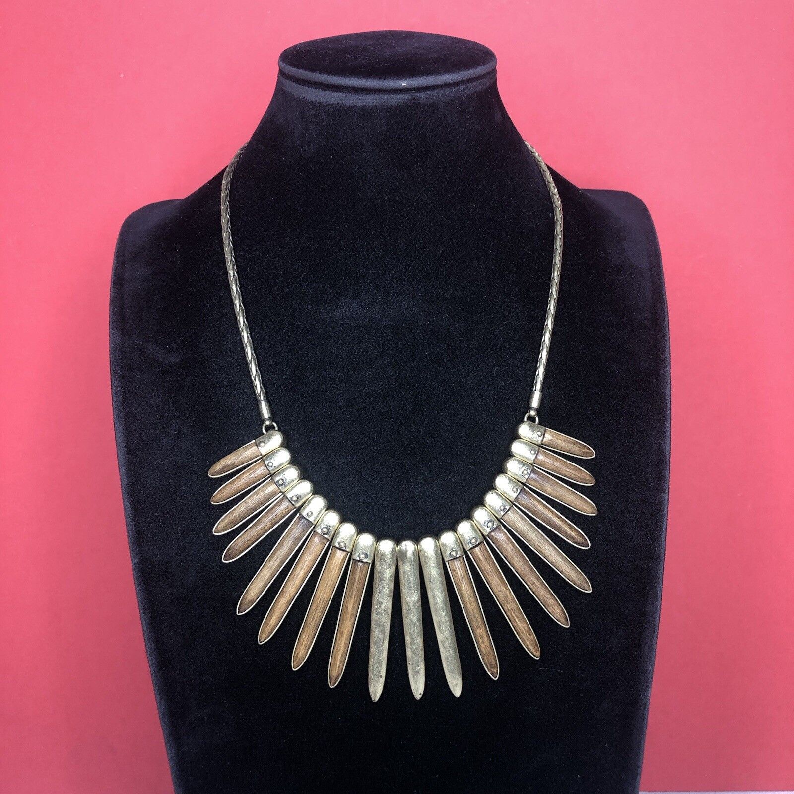 Lucky Brand LUCKY BRAND Hammered Brass & Wood Collar Necklace 18" Boho Size ONE SIZE - 8 Thumbnail