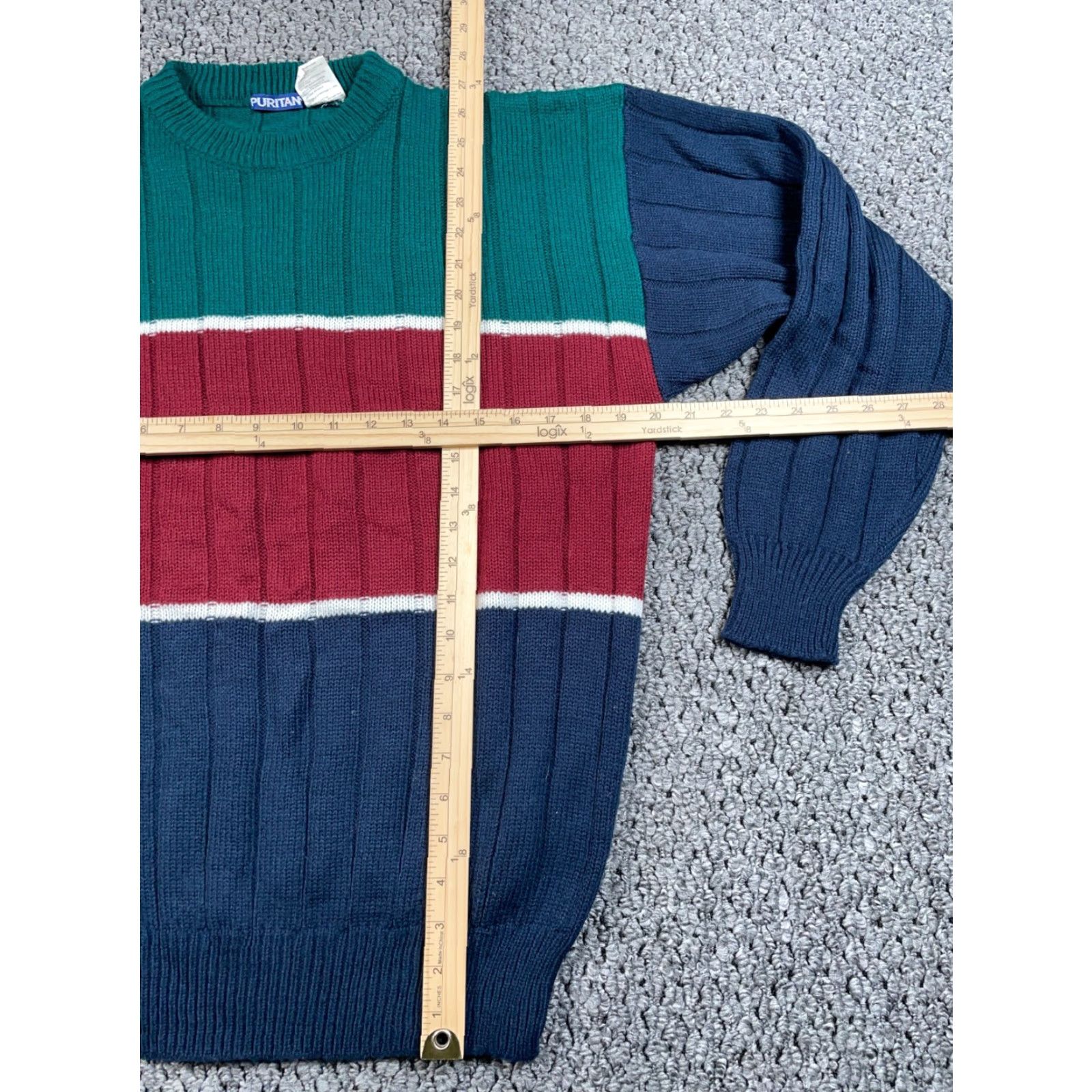 Vintage VTG 90s Striped Pattern Sweater Adult Medium (Large Tag) Blue Red Ribbed Knit Puritan Men Pullover Crew Neck Long Sleeve Casual Classic Knit Jumpers Size US M / EU 48-50 / 2 - 4 Thumbnail