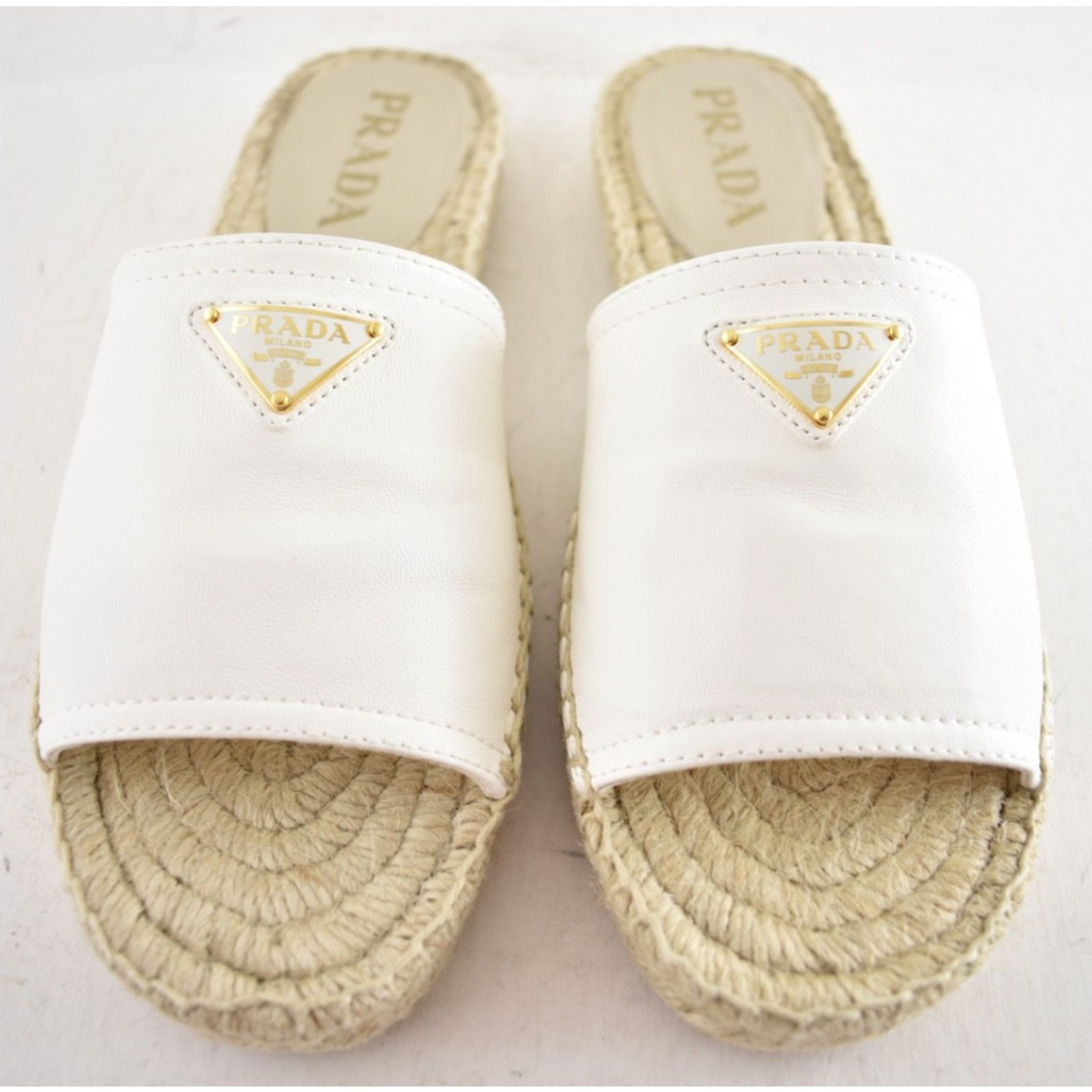 Prada Prada Gold Triangle Logo Avorio White Leather Espadrille 37 Size US 7 / IT 37 - 6 Thumbnail
