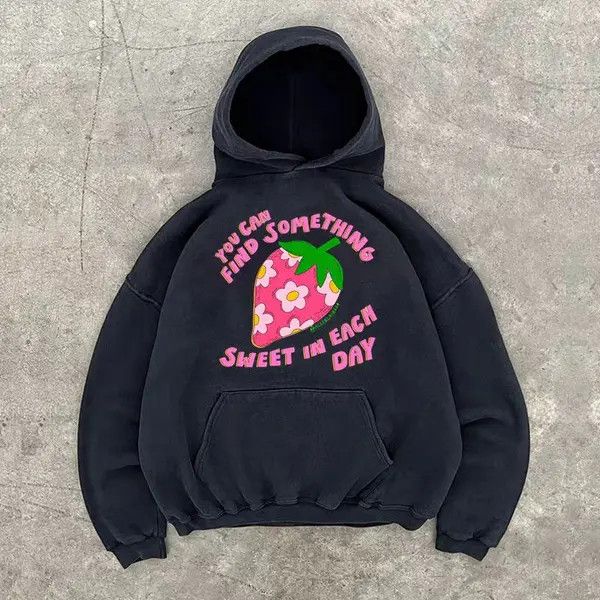 Japanese Brand moto Black washed retro strawberry print loose hoodie Size US L / EU 52-54 / 3 - 3 Thumbnail