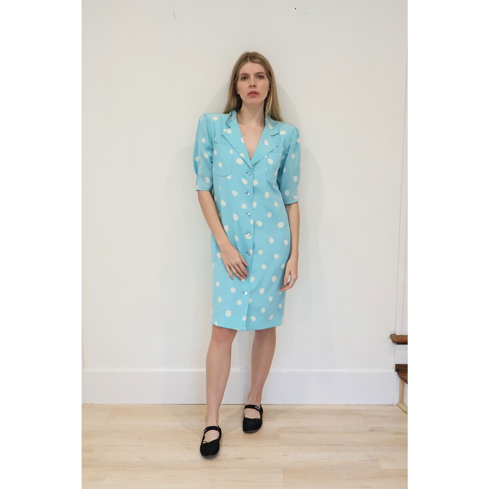 image of Vintage Emanuel Ungaro 1980S Blue Silk Polka Dot Puff Dress, Women's (Size Medium)