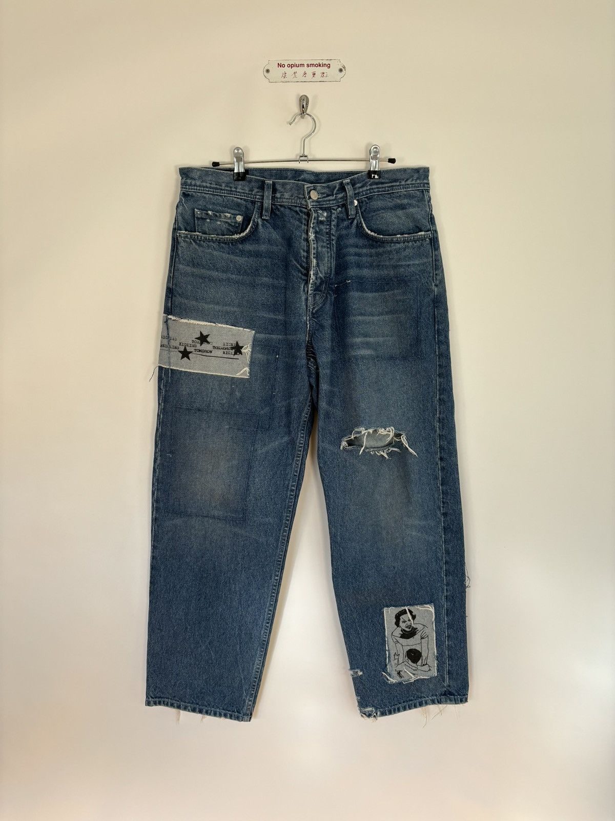 image of Enfants Riches Deprimes Erd Modern Classicss23 Assemblage Patched Jeans in Washed Denim (Size 36)