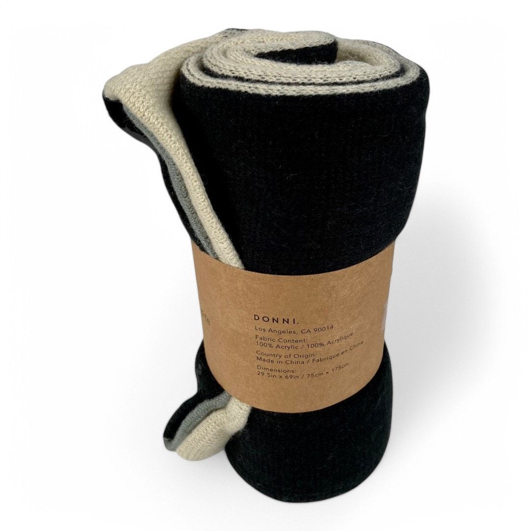 DONNI. Donni Tri Color Scarf Black Cream Gray Acrylic 29.5 by 69 Size ONE SIZE - 4 Thumbnail