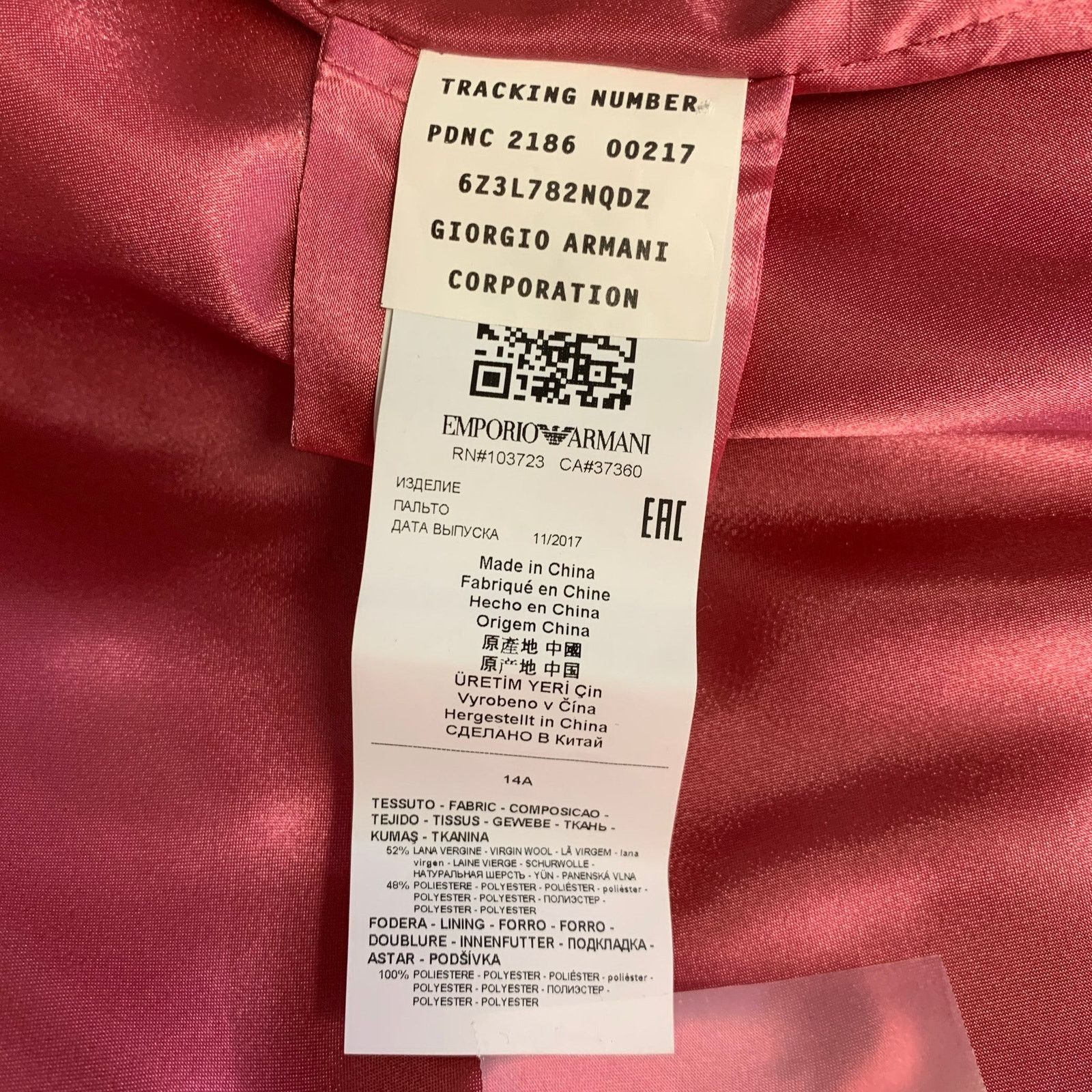 Emporio Armani EMPORIO ARMANI XS Pink Wool Poly Textured Notch Lapel Coat Size XS / US 0-2 / IT 36-38 - 6 Thumbnail