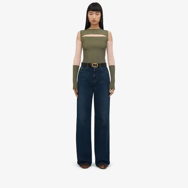 Alexander McQueen o1srvl11e0326 Slashed Knit Top in Khaki/Ivory Size M / US 6-8 / IT 42-44 - 2 Thumbnail