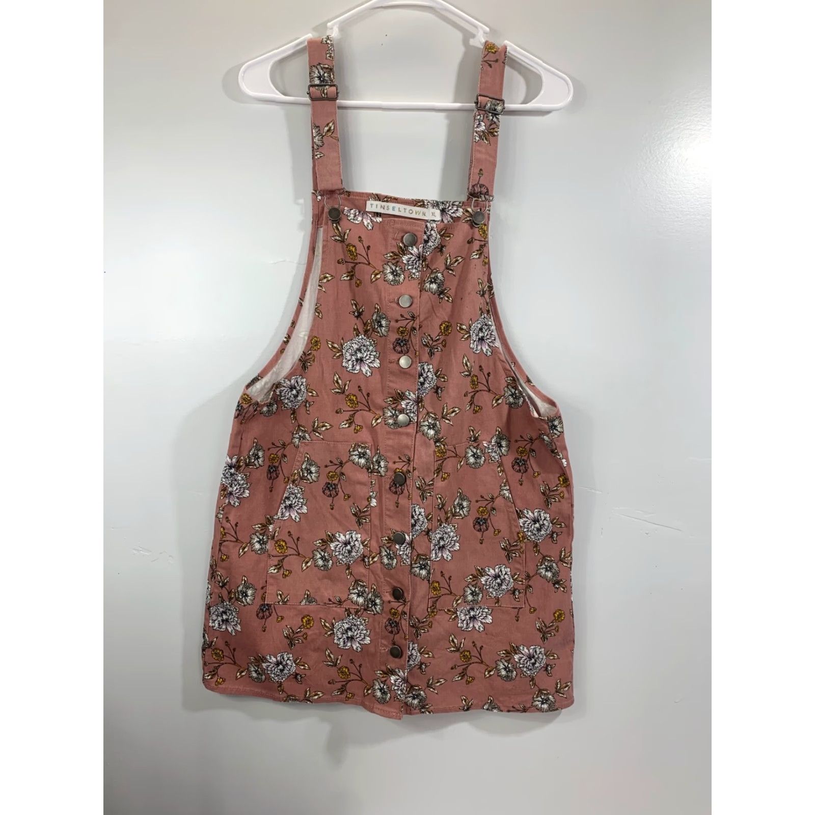 Vintage TinselTown Pink Floral Overalls Dress XL Women Casual Party/Cocktail Workwear Knee Length Sleeveless Pullover Cotton Blend Vintage No Size 40" / US 18 - 2 Thumbnail
