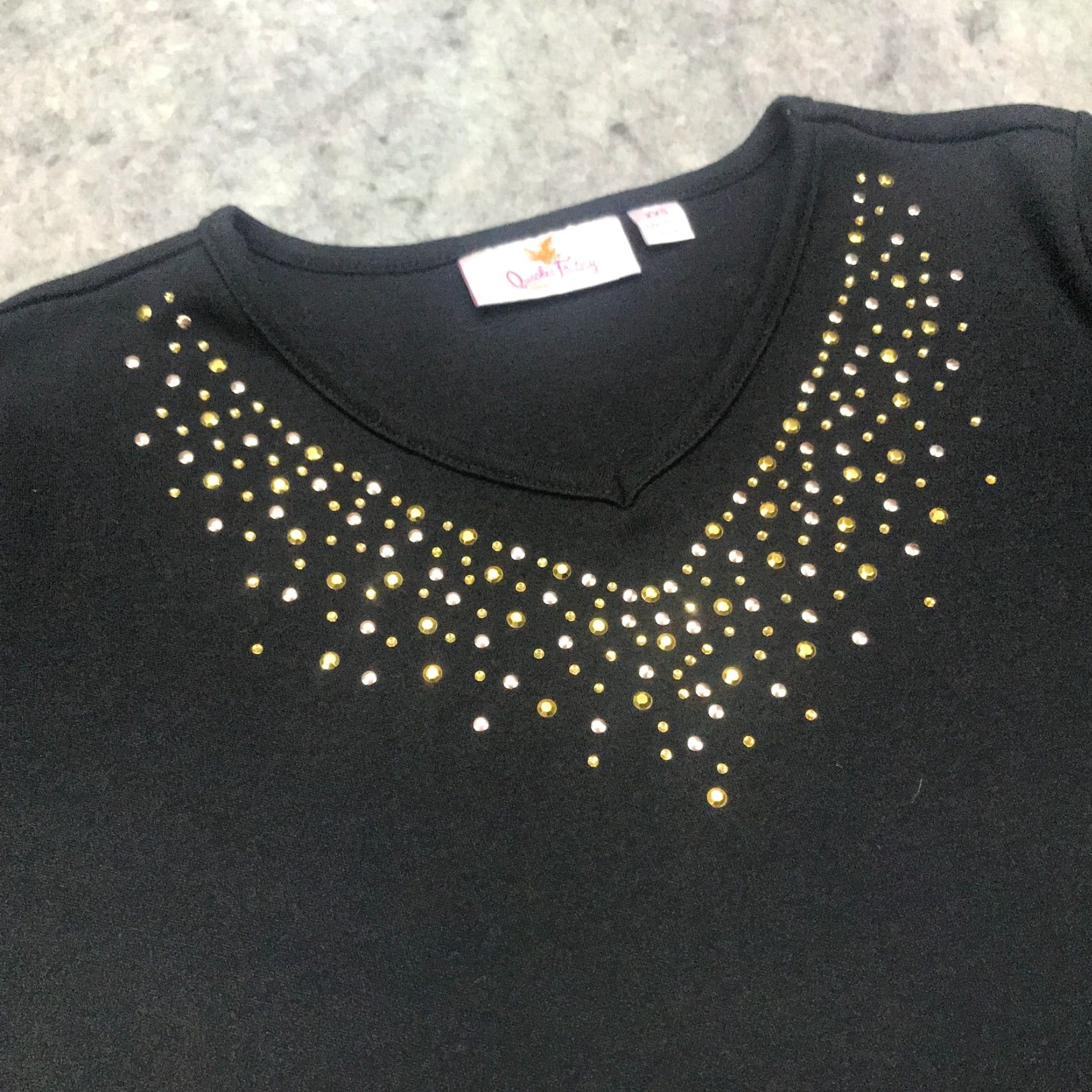 Quacker Factory Quacker Factory Shirt Womens V-Neck Black XX-Small Short Sleeve Rhinestones Embellished T-Shirt Size XXS / US 00 / IT 34 - 2 Thumbnail