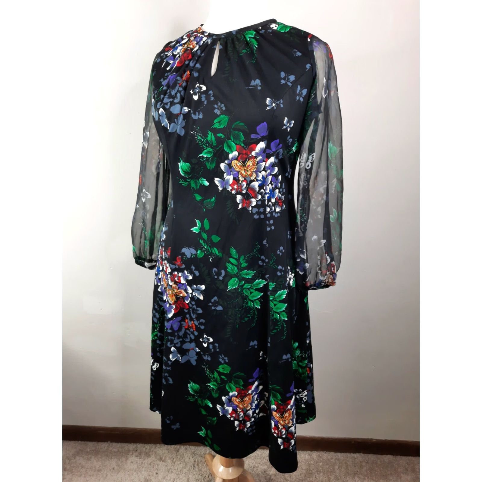 Vintage D2S Vtg mod Floral butterfly sheer Sleeve Sheath Dress L/XL Black Size L / US 10 / IT 46 - 7 Thumbnail