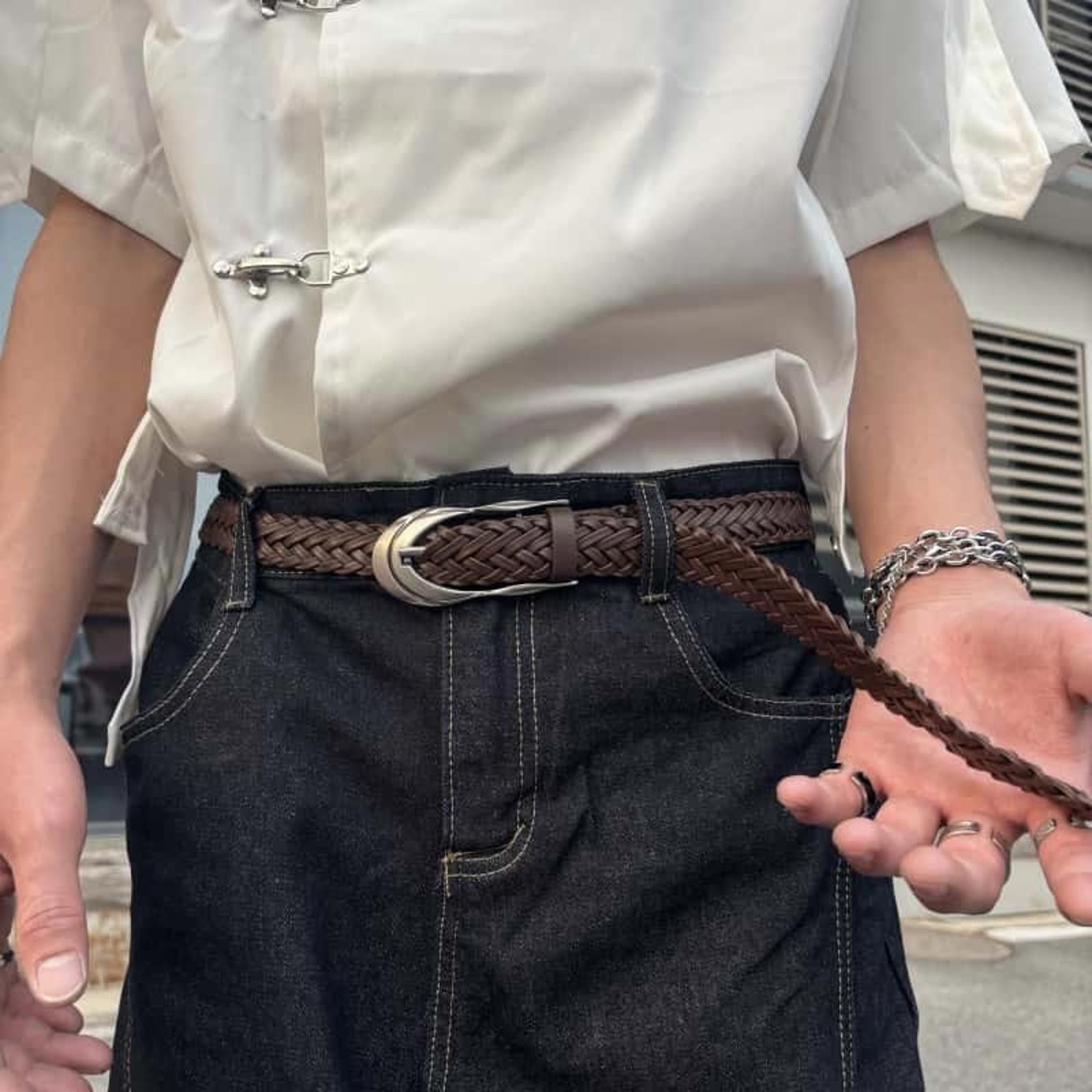 Japanese Brand Woven Leather Belt – Shaped Silver Buckle, Unisex Size ONE SIZE - 1 Thumbnail
