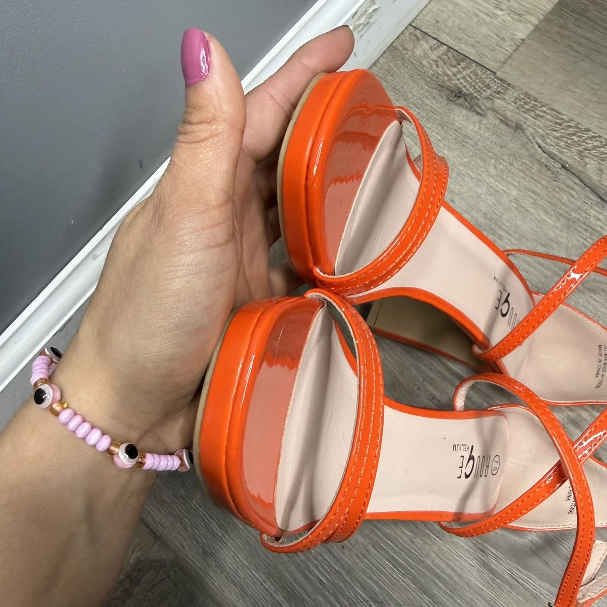 Rogue Rouge! Bright Orange Patent Strappy Ankle-Wrap Heels Size US 7.5 / IT 37.5 - 4 Thumbnail