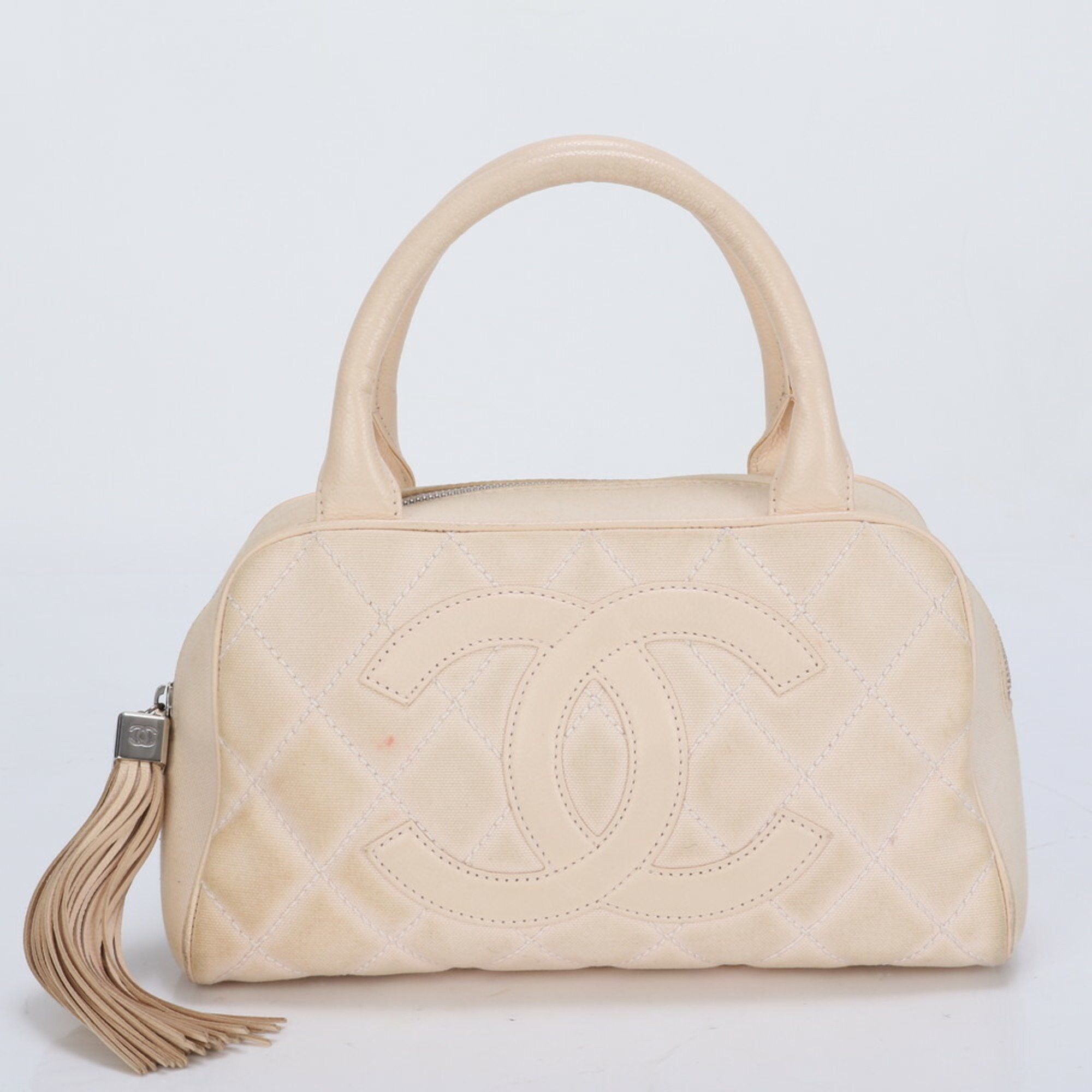 Chanel Serial Seal Attached Matelasse Caviar Skin Leather Handbag Mini Boston Tote Shoulder Bag Ladies in Beige, Women's