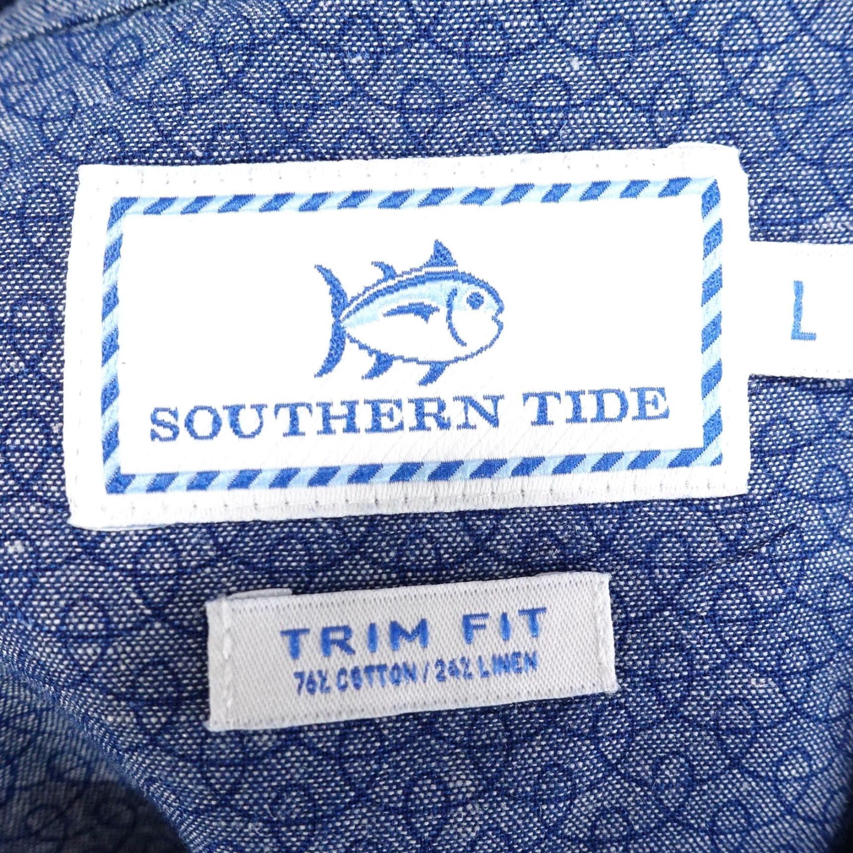 Southern Tide SOUTHERN TIDE Shirt Mens Large Blue Geometric Long Sleeve Button Down Linen Blend Trim Fit Size US L / EU 52-54 / 3 - 6 Thumbnail