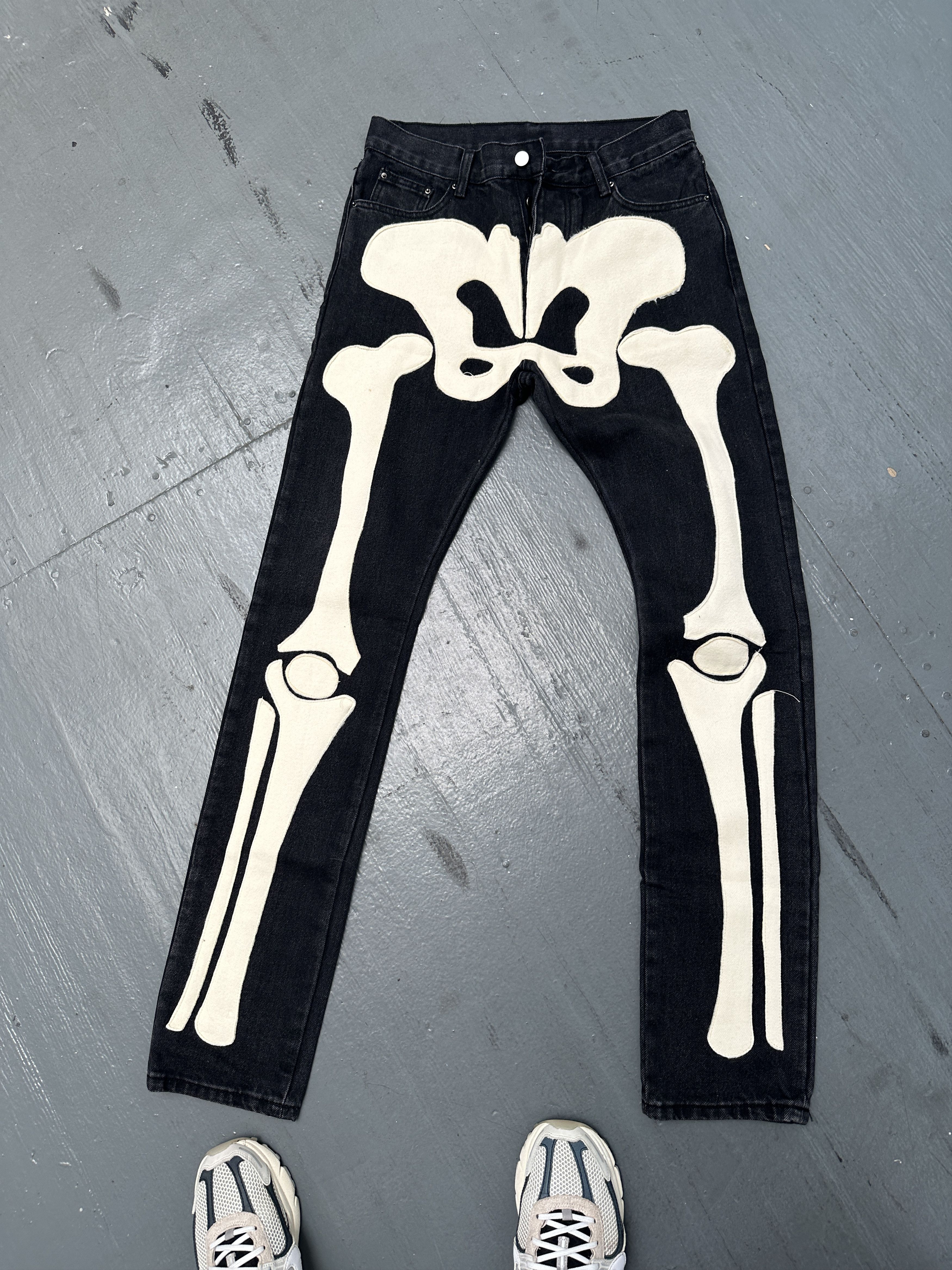 Mnml Men's 30x34 Skeleton Skull Denim Jeans Straight Black