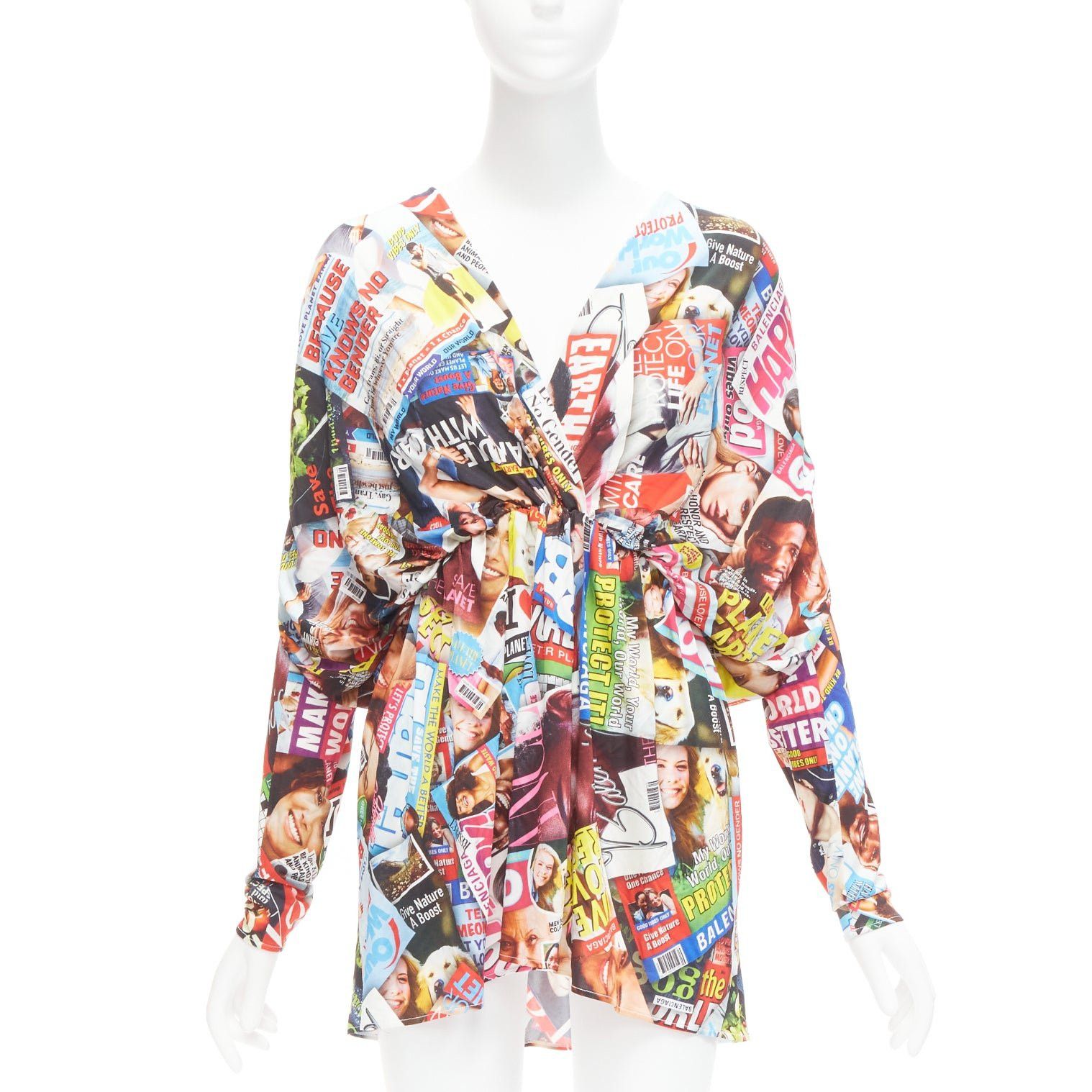 Balenciaga BALENCIAGA 2019 Cover Girl Magazine Tabloid print V neck gathered mini dress FR34 XS Size XS / US 0-2 / IT 36-38 - 1 Thumbnail