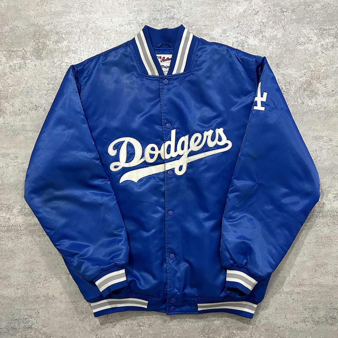 Image of 00S Mlb La Dodgers Majestic Satin Bomber Jacket Dugout in Blue, Men's (Size XL)