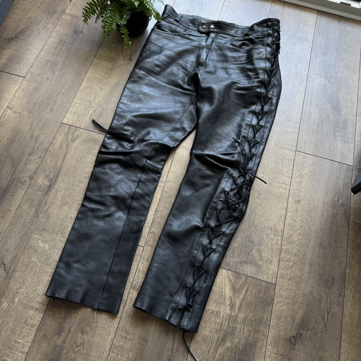 Genuine Leather × Harley Davidson × Vintage Crazy Heavyweight Leather Lace Up Motorcycle Pants Vintage Size US 37 - 2 Thumbnail