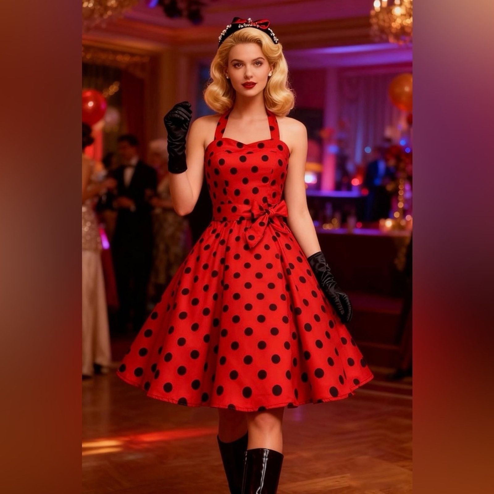 Other New Vintage Elegant Red Polka Dot Halter Dress 1950’s size S Size S / US 4 / IT 40 - 1 Thumbnail