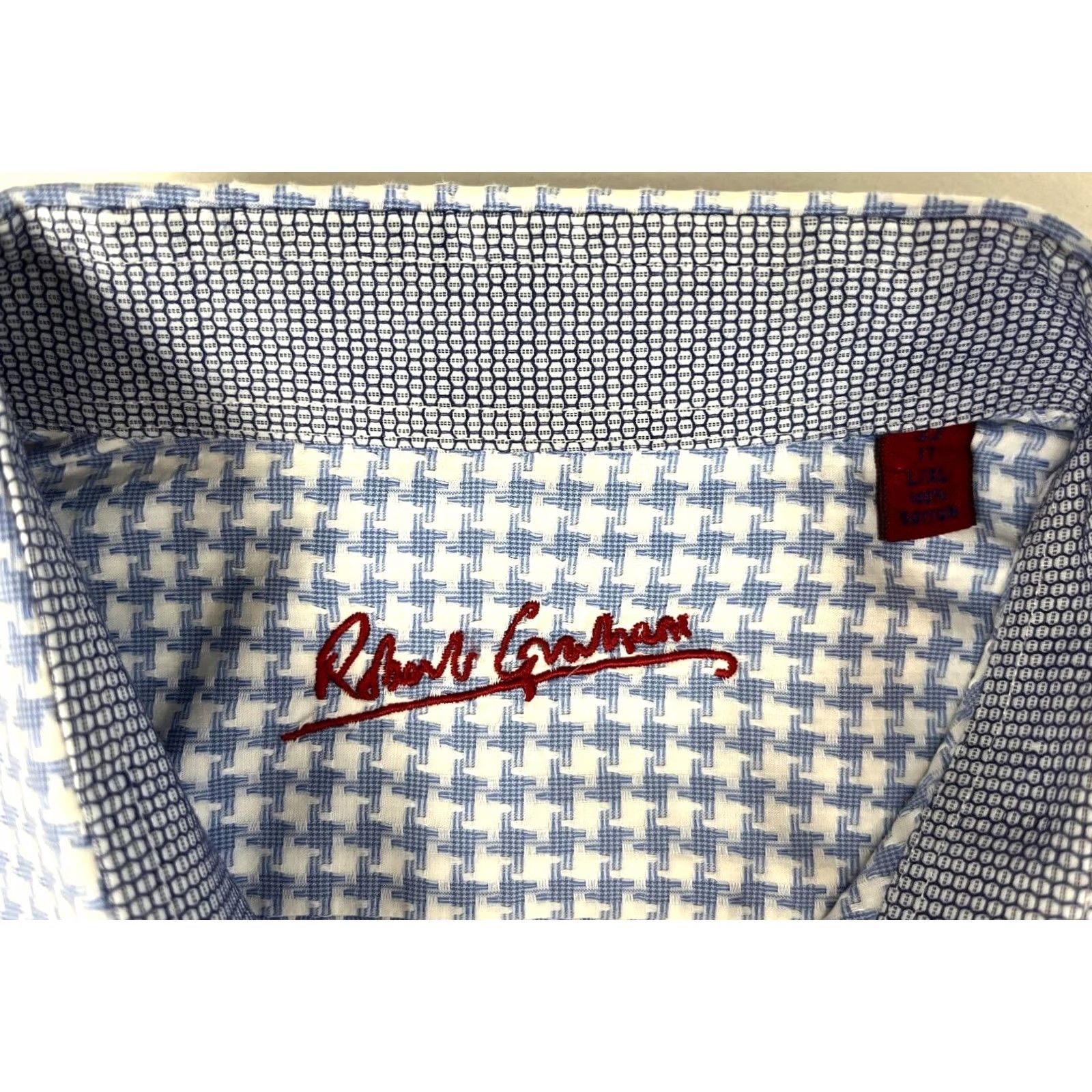 Robert Graham Robert Graham Men’s Button-Up Houndstooth Shirt L/XL White and Blue 100% Cotton Vintage Style Mens Size US L / EU 52-54 / 3 - 7 Thumbnail