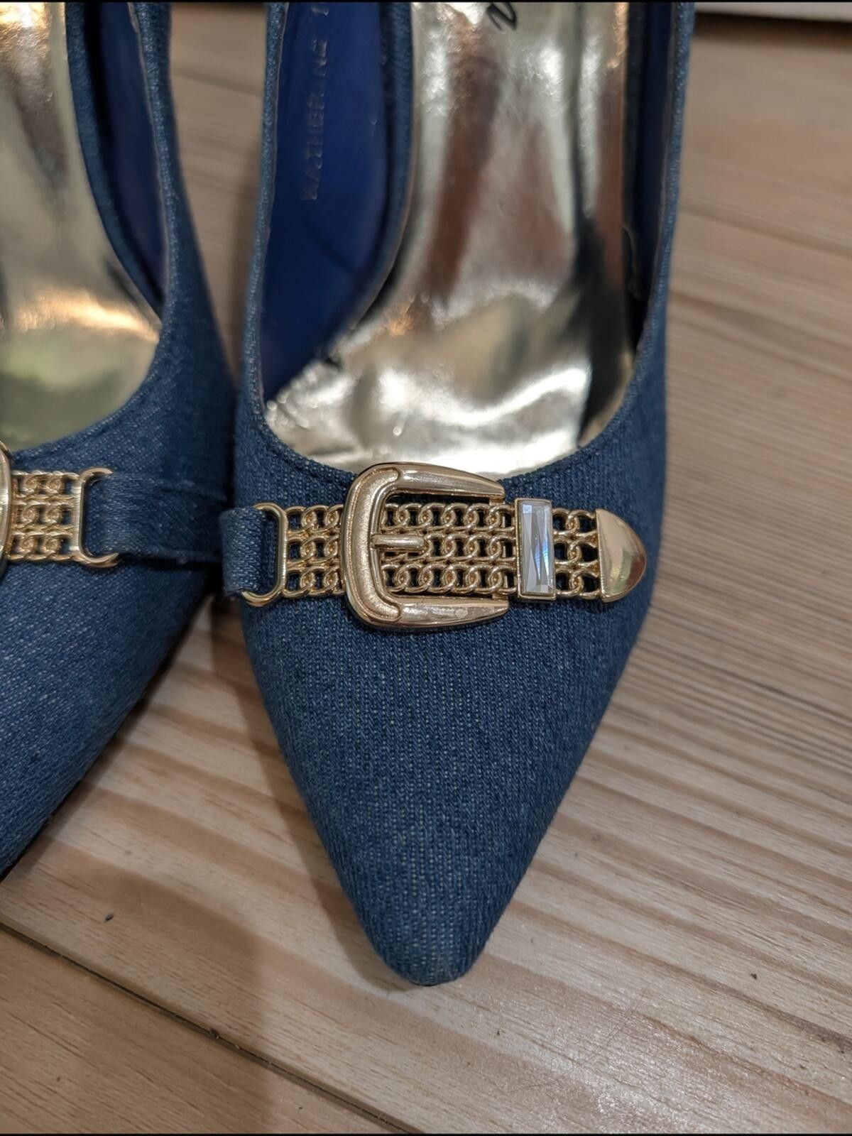 Other Denim Pointed Toe High Heels with Gold Buckle Size US 10 / IT 40 - 5 Thumbnail