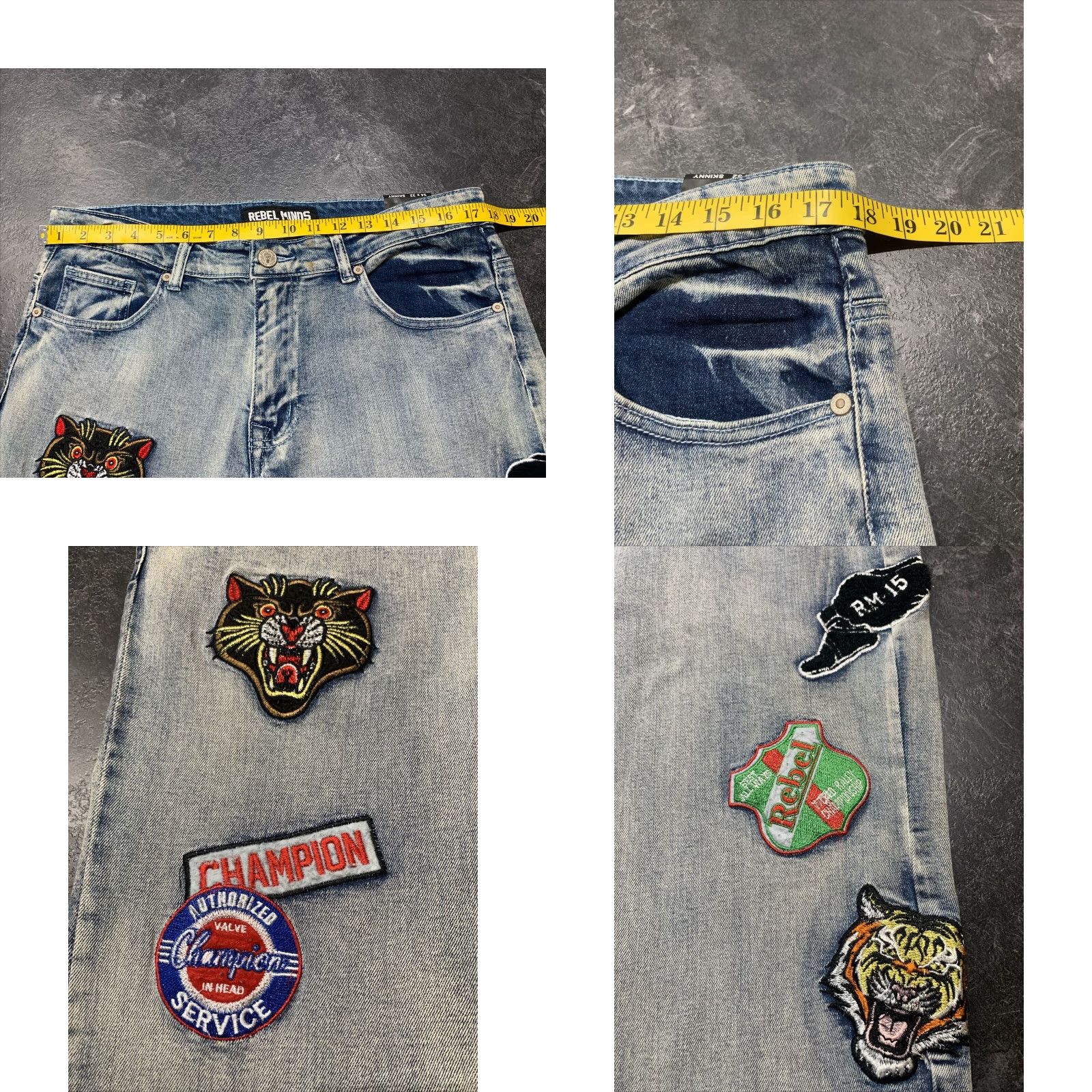 Vintage Rebel Minds Blue Slim Fit Jeans with Patches Men's 34x32 Size US 34 / EU 50 - 8 Thumbnail