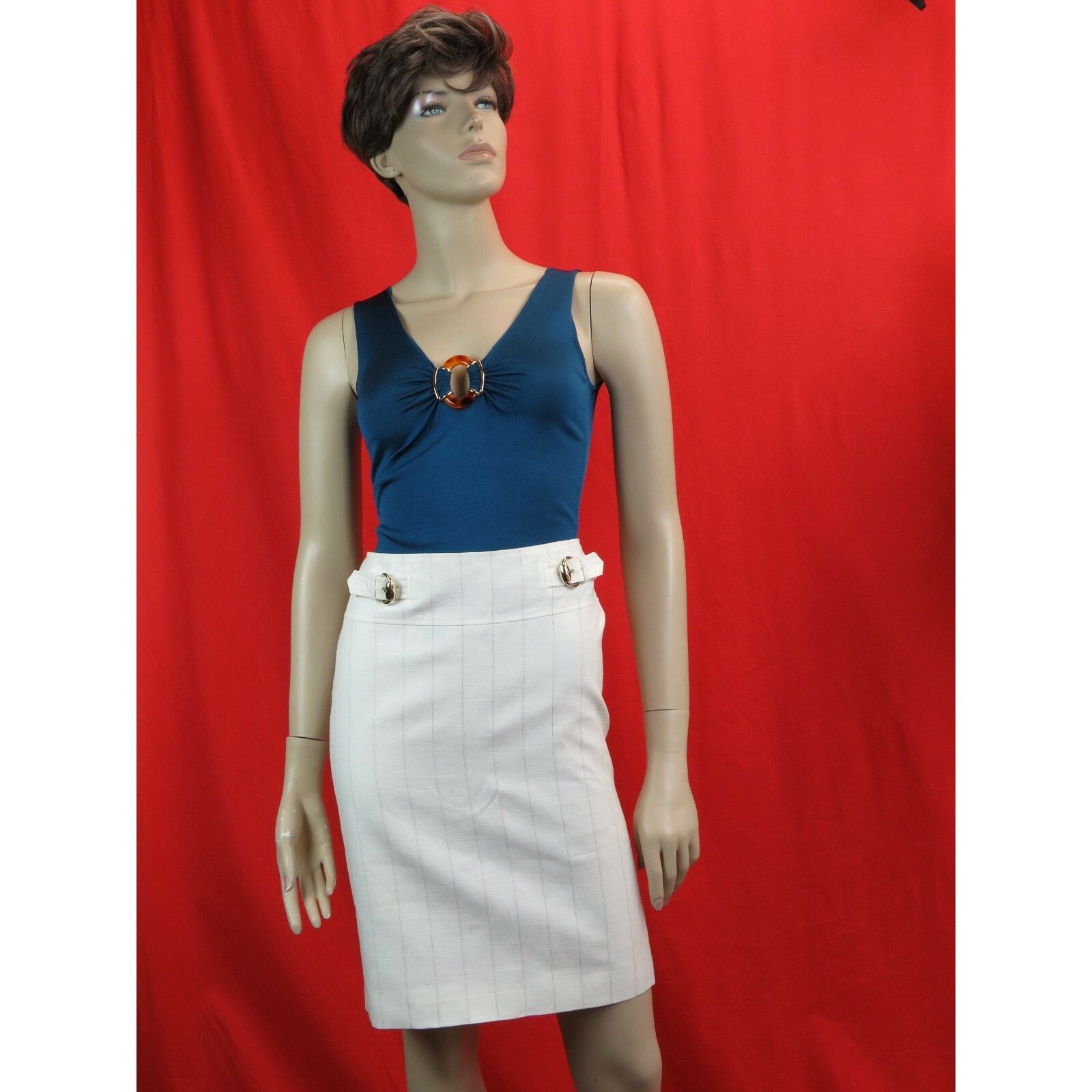 Gucci GUCCI 1702 WHITE LINEN STRIPE BELTED BUCKLE SKIRT 46 $695 IT Size 32" / US 10 / IT 46 - 9 Thumbnail