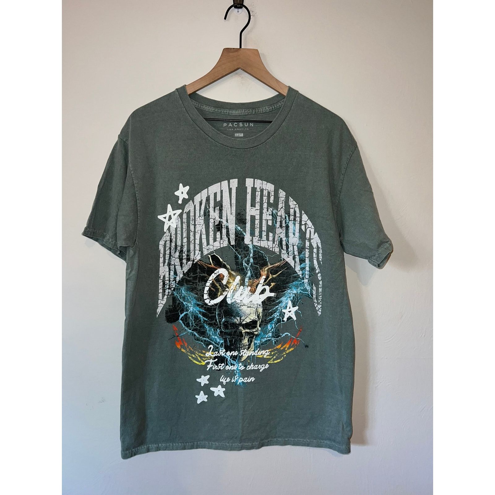 Pacsun Retro Broken Hearts Club Life Is Pain Skull Green Shirt L Size US L / EU 52-54 / 3 - 1 Thumbnail