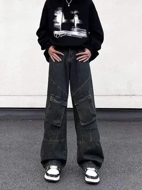 VIBE vintage washed distressed patchwork multi-pocket work jeans Size US 34 / EU 50 - 1 Thumbnail