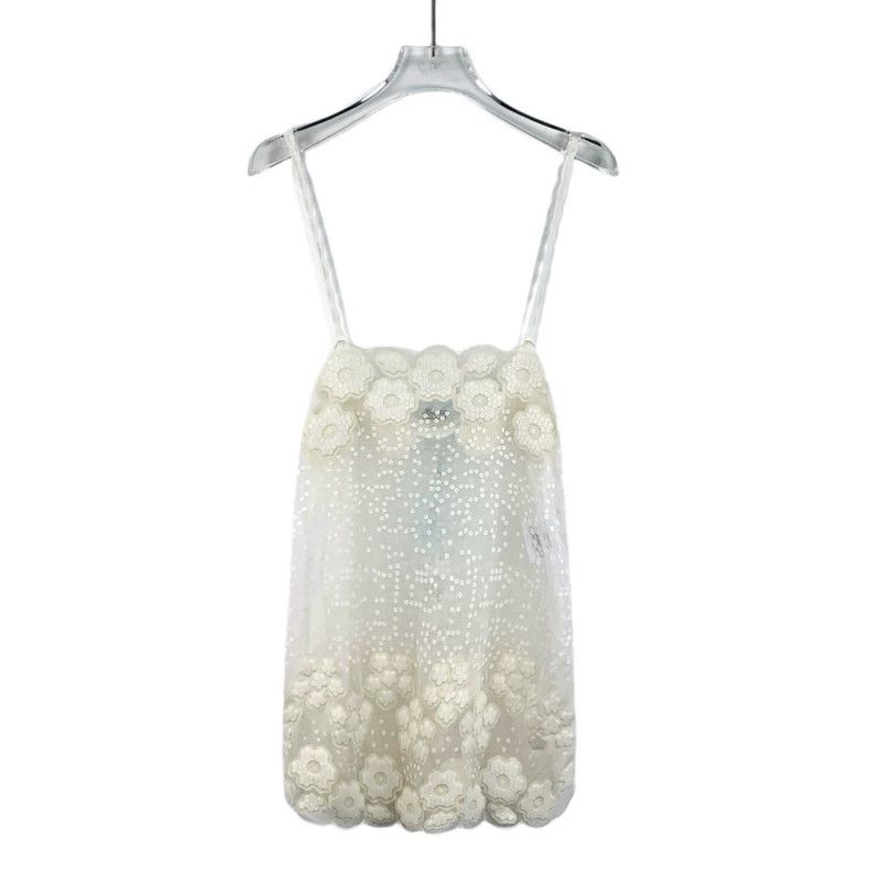 Chanel Chanel Beige sequin camellia embroidered cotton lace suspe Size XS / US 0-2 / IT 36-38 - 2 Thumbnail